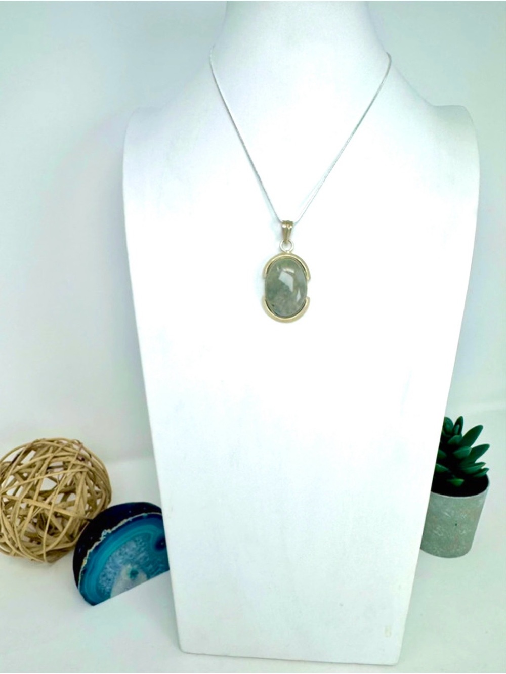 Natural Prehnite Pendant Necklace Silver Oval Cabochon with Tourmaline Inclusion